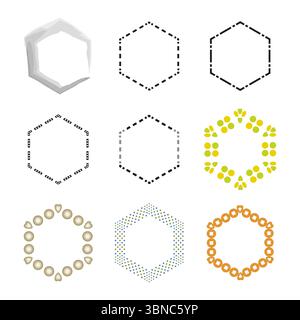 Hexagon dotted frame. Colorful vector shape. Decorative ring pattern. Bubble point outline. Stock Vector