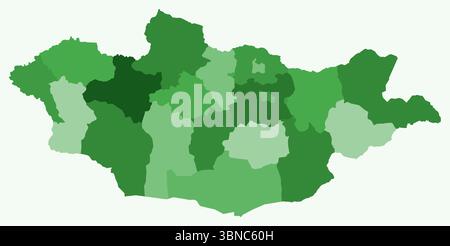 Map of Mongolia with regions. Just a simple country border map with region division. Green color palette. Stock Vector