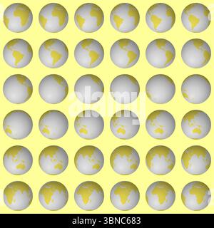 Collection of planet globes. Normal sphere view. Rotation step 10 degrees. Solid color style. Stock Vector