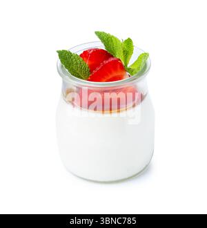 Tasty panna cotta with caramel, strawberries and mint in glass jar isolated on white Stock Photo