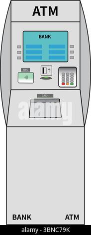 A grey and blue illustration of an automated teller machine (ATM) with "BANK" and "ATM" labels. Stock Vector