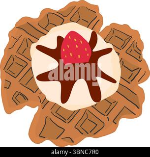 Vector illustration of a waffle topped with whipped cream, chocolate sauce, and a strawberry. Perfect for cafe menu, packaging, or digital use. Stock Vector