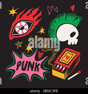 Black pink punk rock doodle collection with melting eye, skull wings ...