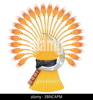 Wheat ears with sickle, Organic farm cereals, Harvest tool with Wheat sheaf Stock Vector