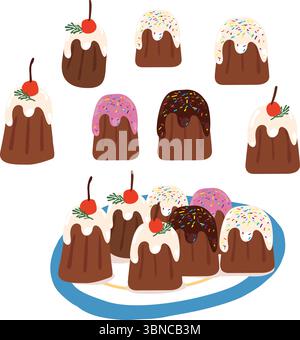 Vector illustration of mini cakes with icing, sprinkles, and cherries on a plate. Perfect for birthday, Christmas, party menu, packaging, digital use. Stock Vector