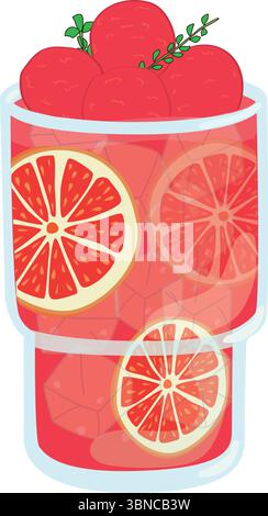 Vector illustration of a fruity iced drink with grapefruit slices, ice cubes, and fruit toppings in a transparent glass. Perfect for summer or digital Stock Vector