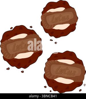 Vector illustration of chocolate-covered Lotus biscuit cookies with crumbs. Delicious and playful snack design for cafe menu, packaging, digital use. Stock Vector