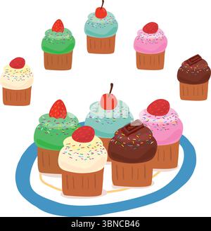 Vector illustration of colorful cupcakes with frosting and fruit toppings on a plate. Cute and festive dessert for bakery, birthday, or digital use. Stock Vector