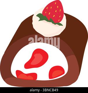 Vector illustration of a chocolate roll cake filled with whipped cream and strawberries. Cute and sweet dessert clipart for menu, print, digital use. Stock Vector