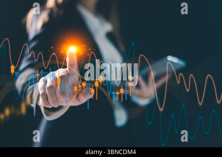 Trader analyzing data on virtual screen. Business strategy development and growing growth plan. risk management for business success, finance and inve Stock Photo