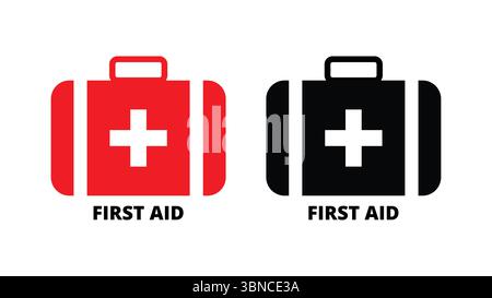 First aid kit icon set isolated on a white background, red and black emergency medical suitcase with cross symbol, healthcare and hospital vector icon Stock Vector