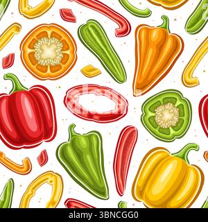 Vector Colorful Pepper Seamless Pattern, square background with variety flying cartoon sweet peppers with seeds, poster with group of whole and parts Stock Vector