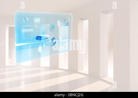 Casting sunlight, holographic interface floating in bright hall, showing charts and rotating globe Stock Photo