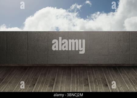 Flat design rooftop deck showing textured stone barrier wall with wood floor and white clouds Stock Photo