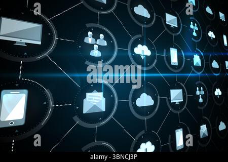 Displaying abstract 3D network grid in dark interface featuring glowing tech icons, lens flare Stock Photo