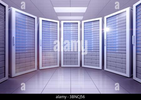 Flat design showing open server cabinets in data center aisle with blue indicator lights Stock Photo