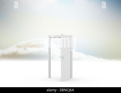 Solitary white doorframe is standing open revealing cloud horizon over white plane in flat design Stock Photo