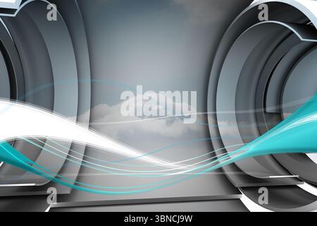 Flowing white-turquoise ribbon lights are sweeping through 3D render tunnel with concentric rings Stock Photo