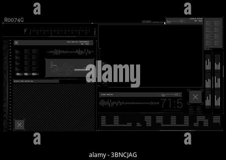Dark flat UI dashboard is showing main display with analysis chart, waveform monitor and bar graph Stock Photo