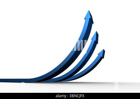Three blue 3D curved arrows are rising from baseline on white backdrop with shadows, copy space Stock Photo