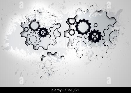 Splash on wall revealing cogs and wheels Stock Photo