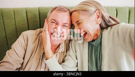 Elderly couple, excited or selfie in cafe with love, anniversary date or taking picture for milestone. Senior man, portrait or wife in coffee shop for Stock Photo