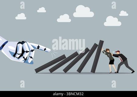 Business man and business woman pushing hard against falling deck of domino tiles by robot hand. Artifical intelligence replacing jobs concept. Stock Vector