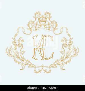 Vintage ornate gold hand drawn crest intertwined HC initial monogram intricate floral scrollwork and top of with a regal crown. Stock Vector
