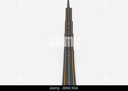 Asphalt road is extending in flat design with dashed white centerline and yellow edge, copy space Stock Photo