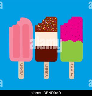 Vector illustration of three colorful popsicles with different flavors and textures on wooden sticks.Fun and playful summer dessert design for digital Stock Vector