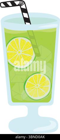 Vector illustration of a lime sparkling drink with ice cubes and slices in a tall transparent glass. Includes striped straw. For summer or digital use Stock Vector