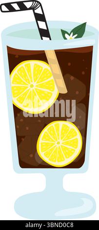 Vector illustration of iced cola with lemon slices, mint leaf, striped straw, and ice cubes in a tall transparent glass. Perfect for menu, and digital. Stock Vector