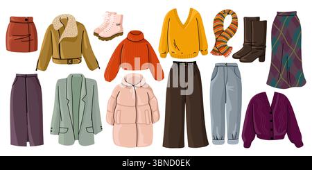Womens Clothing Set, Hand Drawn Flat Illustration Stock Vector