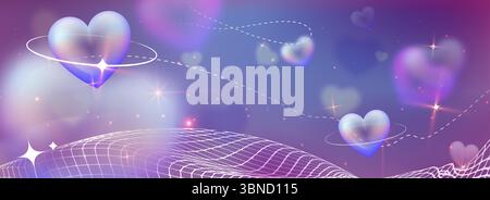 Glossy hearts orbit in purple pink gradient space with y2k wireframe wave, stars and sparkles. Realistic 3d dreamy scene with love shapes floating through galaxy for romantic digital designs. Stock Vector