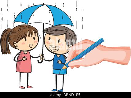 Children sharing an umbrella in the rain Stock Vector