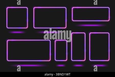 Neon frame set with glowing square and rectangular borders in purple and pink gradient colors on black background. Electric light rectangles for futuristic UI design, cyberpunk interfaces. Stock Vector