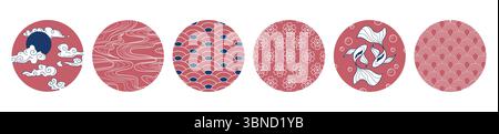 Japanese red circle patterns collection - sakura flowers, sun with clouds, ocean waves, koi fish, geometric shapes and nature motifs. Traditional seigaiha designs for asian themed projects. Stock Vector