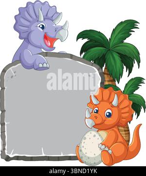 Colorful vector illustration of playful dinosaurs with a stone sign and palm trees, ideal for children's content Stock Vector