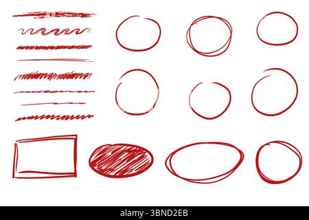 Red arrow mark hand drawn sketchy paintbrush, swirl arrows set, doodle highlight mark or check. Grunge stroke. Important sign. . Vector illustration Stock Vector