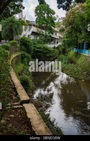 Small stream of water flows through a park. The water is murky and the park is surrounded by a fence Stock Photo