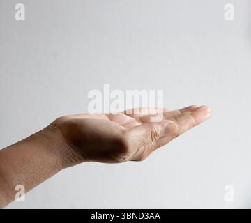 White background woman open palm gently isolate showing gesture sign captures human interaction relaxation calm touch symbol connection beauty Stock Photo