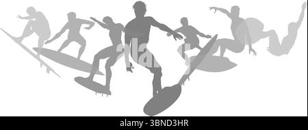 Surfers Surfing on Surf Boards Silhouettes Concept Stock Vector