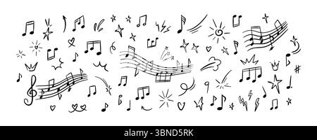 Set of hand drawn doodle music notes. Handwriting crayon scribble. Musical symbols sketch. Childish melody background. Whimsical chalk kid pattern. Cl Stock Vector