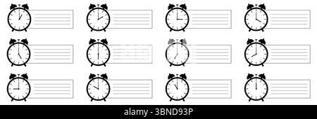 set of alarm clock icon notifying each hour with short note isolated on white,vector illustration. Stock Vector