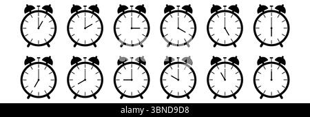 horizontal set of analog alarm clock icon notifying each hour isolated on white,vector illustration. Stock Vector