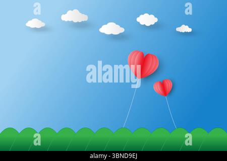 two red heart shaped balloons  float on blue sky under white clouds and over mountain. Stock Vector