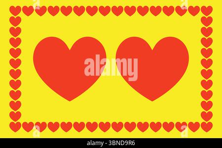 two red hearts with frame isolated on yellow for pattern and valentine's day. Stock Vector