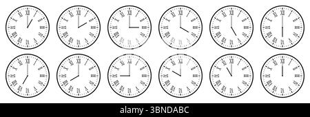 horizontal set of analog clock icon with roman numeral notifying each hour isolated on white,vector illustration. Stock Vector