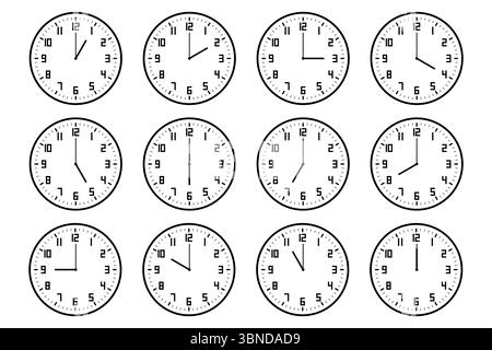 set of analog clock icon with number notifying each hour isolated on white. Stock Vector