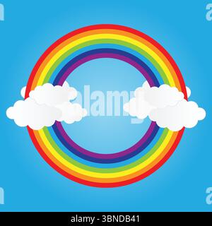 circle rainbow on blue sky with clouds,vector illustration. Stock Vector